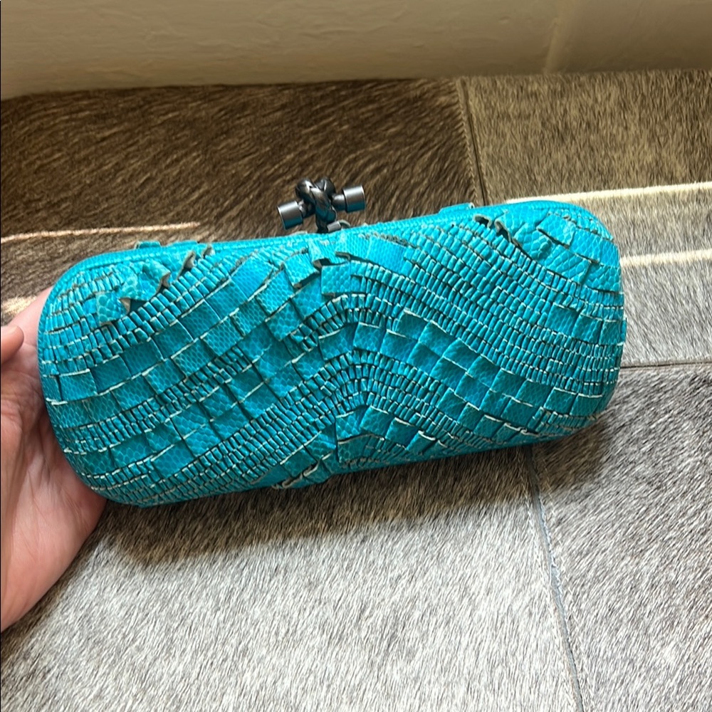 Bottega Veneta Blue Woven Knot Clutch